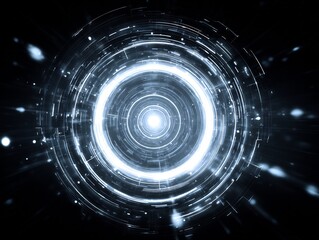 Abstract futuristic light tunnel with glowing concentric circles and streaking particles, symbolizing digital technology, data flow, and high-speed networks.