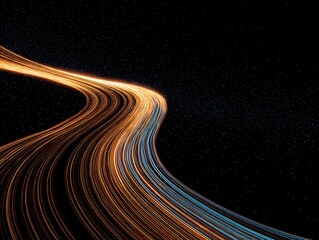 Dynamic abstract light trails in orange and blue, curving against a dark, starry background, symbolizing high-speed data flow and technology.