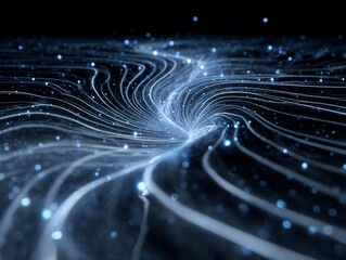 Abstract blue glowing lines and particles on dark background, illustrating digital data flow, network connection, and futuristic technology concept.