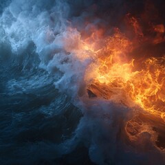 Dynamic Interaction of Fire and Water, Elemental Clash with Vibrant Flames and Turbulent Waves