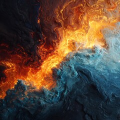 Dynamic abstract artwork showing fiery molten lava confronting icy blue liquid, creating a striking elemental contrast and swirling textures.