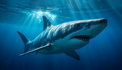 Fototapeta premium Close-Up of Great White Shark Swimming Underwater in Blue Ocean