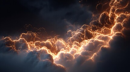 Dramatic dark storm clouds illuminated by intense golden-orange light from within, creating a powerful and abstract visual of raw energy, brewing weather, and impending thunder.