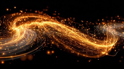 Dynamic Golden Light Trails and Sparkling Particles Flowing on Black Background