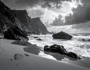 Dramatic Black and White Coastal Landscape of Beach, Cliffs, and Ocean