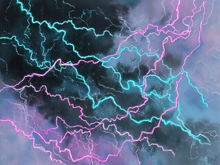 Vibrant Pink and Blue Neon Lightning Energy, Abstract Electrical Current on Dark Stormy Sky Background