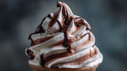 Decadent chocolate swirl ice cream served in a cone on a dark background