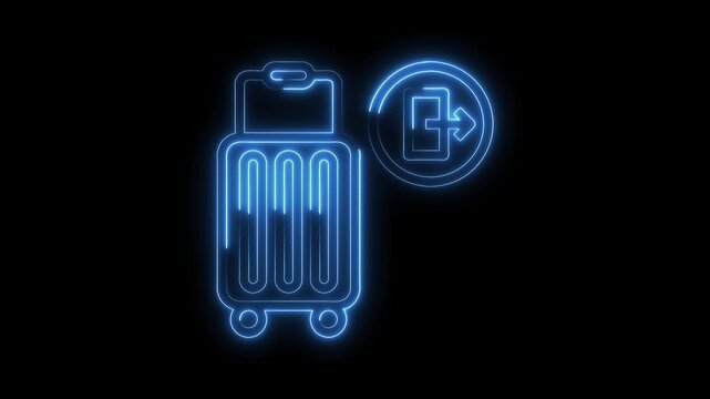 Neon suitcase with exit sign animation on black background futuristic travel concept