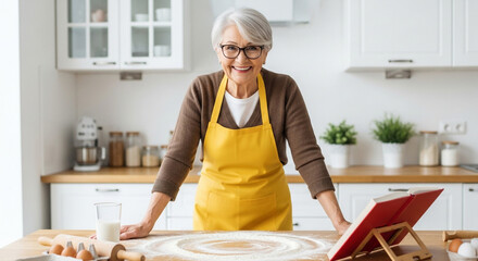 Happy senior woman in apron baking in the kitchen, reading a recipe book and smiling at the camera