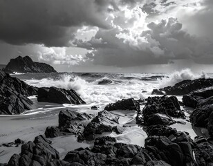 Dramatic Black and White Coastal Landscape of Rocky Shore and Ocean Waves