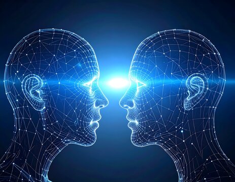 Two digital faces, wireframe, connection, futuristic - Powered by Adobe