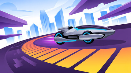  Futuristic Hoverbike Racing on Geometric Neon Track Through Angular Cityscape
