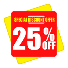 25% special discount offer, square shape design with red and yellow colors isolated on a white background. 