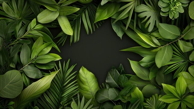 Minimalist black background with lush green foliage border