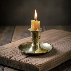 Golden Light Old Candle on Rustic Wood