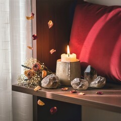 Cozy Spiritual Ambiance with Candle and Crystals