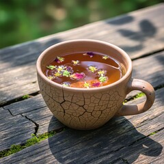 Soothing floral tea outdoors on rustic wood