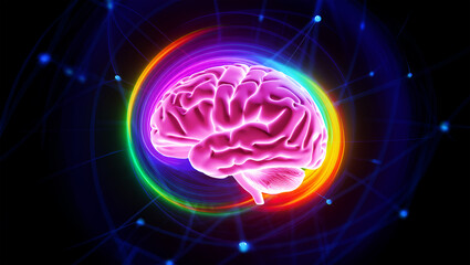 Pink brain glowing with rainbow aura and network connections image