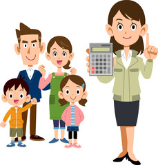 家族と電卓を見せる工務店の女性
