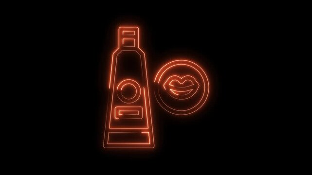Glowing neon lip gloss tube and lips icon isolated on black background animation