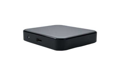 a close-up shot of a sleek, minimalist, small black box