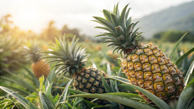 Pineapple field with ripe fruits and lush green leaves under sunlight - Powered by Adobe