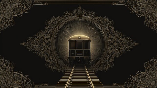 Innovation and Growth in business travel, a majestic art deco train emerges from an ornate golden tunnel on illuminated tracks.