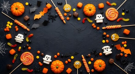 Halloween Candy and Decorations on Dark Background.