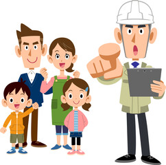 家族と指をさす作業員の男性
