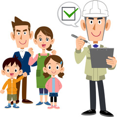 家族とチェックマークを書類に記入する作業員の男性
