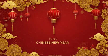 Chinese new year celebration with red lanterns and gold floral decor