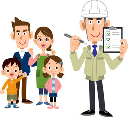 家族とチェックリストを掲げる作業員の男性
