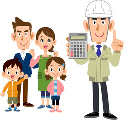 家族と電卓を見せる作業員の男性
