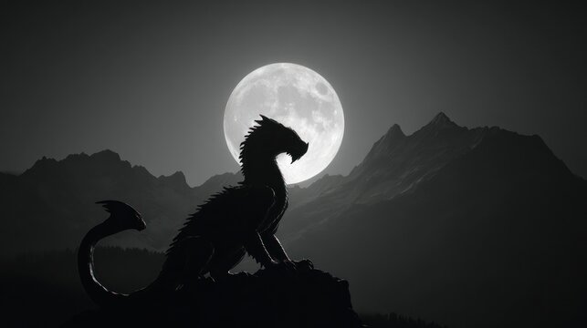 Mythical creature silhouette against full moon landscape illustration