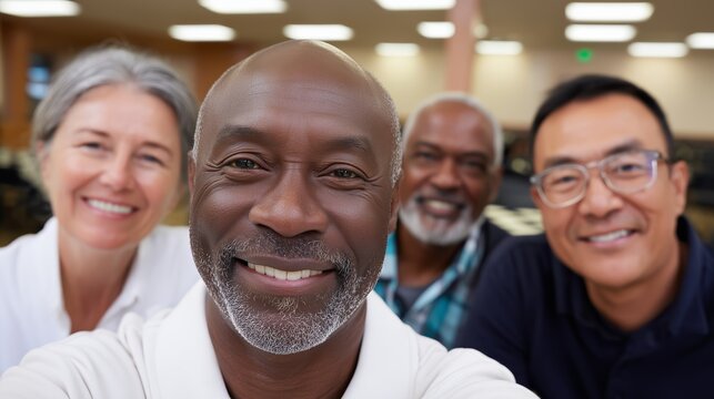African american man, caucasian woman, senior man, and asian man smiling. Multi racial group of friend. Diverse team portrait.