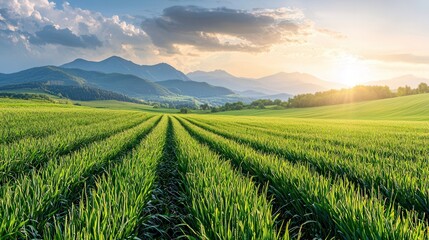 Obraz premium A lush green field with rows of crops and distant mountains under a cloudy sky