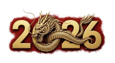 Golden dragon with year 2026 text isolated on white background