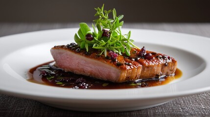 Gourmet Duck Dish: A visually stunning culinary creation features a perfectly seared duck breast, nestled on a bed of rich sauce and artfully garnished with fresh herbs.