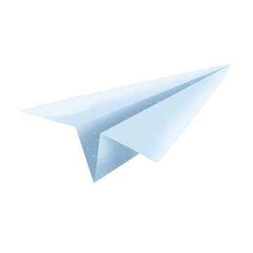 Digital art of a light blue paper airplane, sharply folded, angled slightly upward, isolated on a clean white background, soft lighting, creating a hopeful mood.
