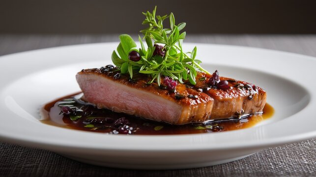 Gourmet Duck Dish: A visually stunning culinary creation features a perfectly seared duck breast, nestled on a bed of rich sauce and artfully garnished with fresh herbs.
