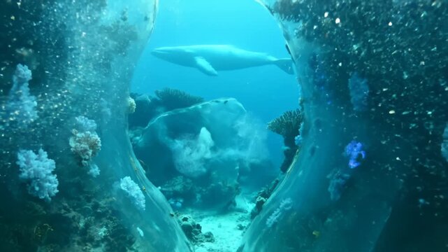Majestic beluga whales creating air rings in clear blue ocean