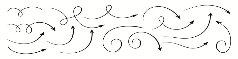 Collection of curve arrows. Set simple curved hand drawn arrows. 
