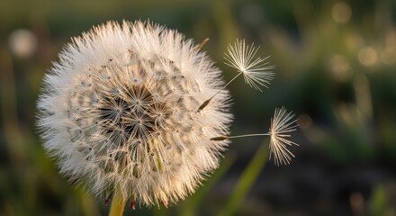 Obraz premium Delicate dandelion clock dispersing seeds in the warm sunlight of the morning