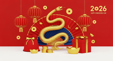 Golden snake with chinese new year decorations and gifts