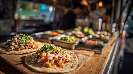 Obraz premium Delicious tacos served at a vibrant food truck during the afternoon