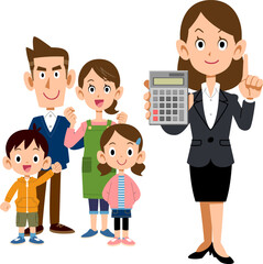 家族と計算機を見せるスーツ姿の女性
