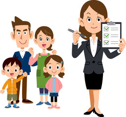 家族とチェックリストを見せるスーツ姿の女性
