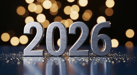 Metallic 3d numbers spelling 2026 with bokeh lights background
