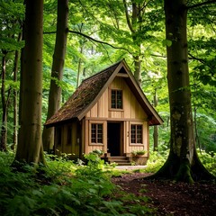 Cozy wooden cottage in lush green forest clearing