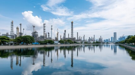 Obraz premium Oil refinery plant with an industrial landscape and city skyline reflected in water. Energy production and industrial infrastructure.